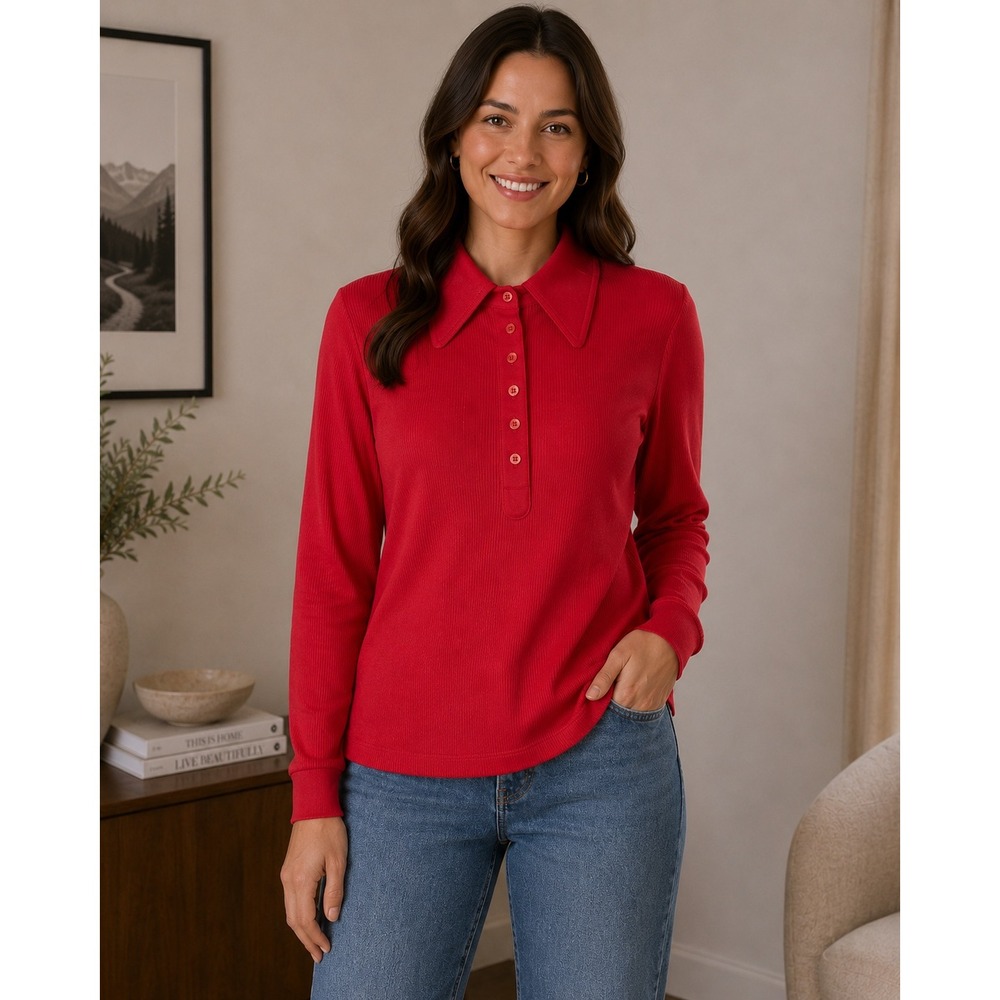 Vintage 70s Dayne Taylor Ribbed Polo Shirt Womens Medium Red Dagger Collar Retro